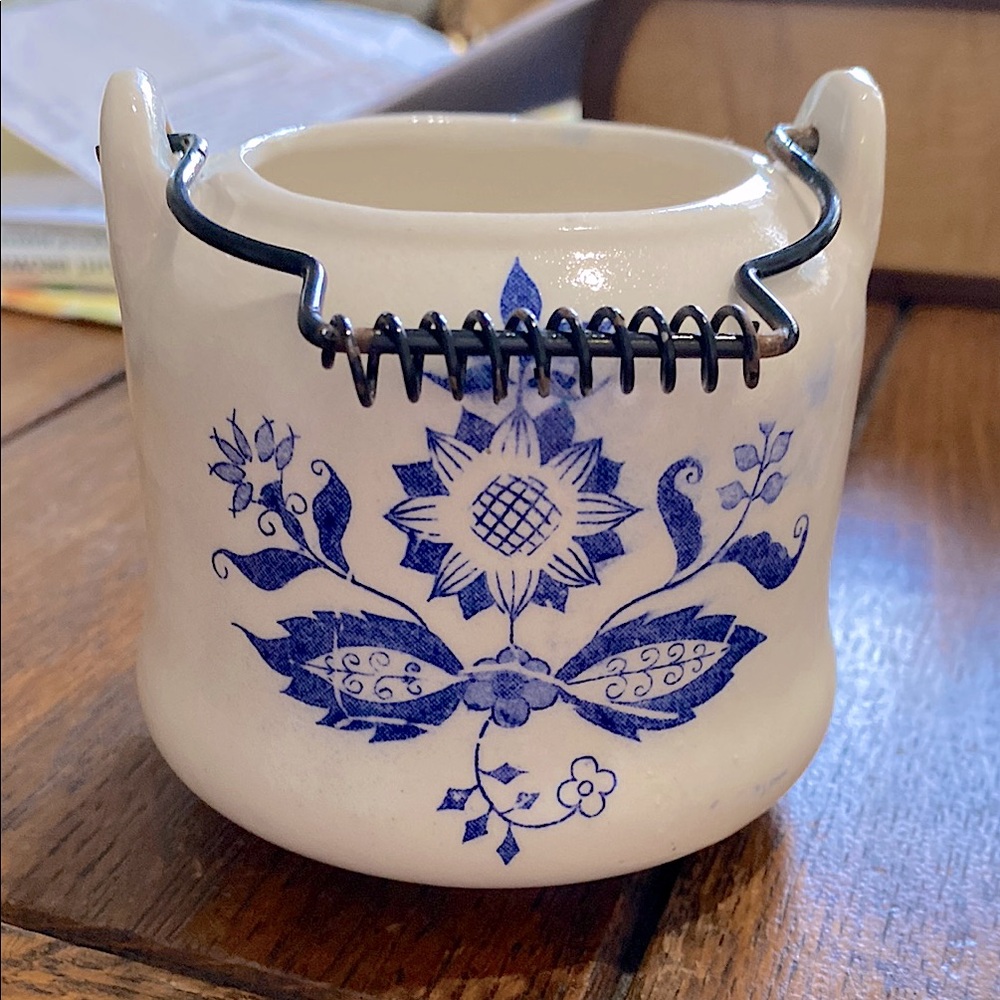 Vintage Japan Blue Onion Ceramic Bowl  Metal Handle with Floral Design. EUC.
